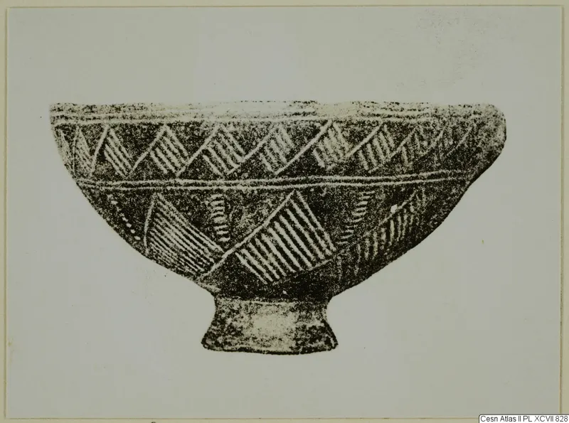 Pottery Red Polished II bowl with bands of hatched triangular and diamond-shaped decoration