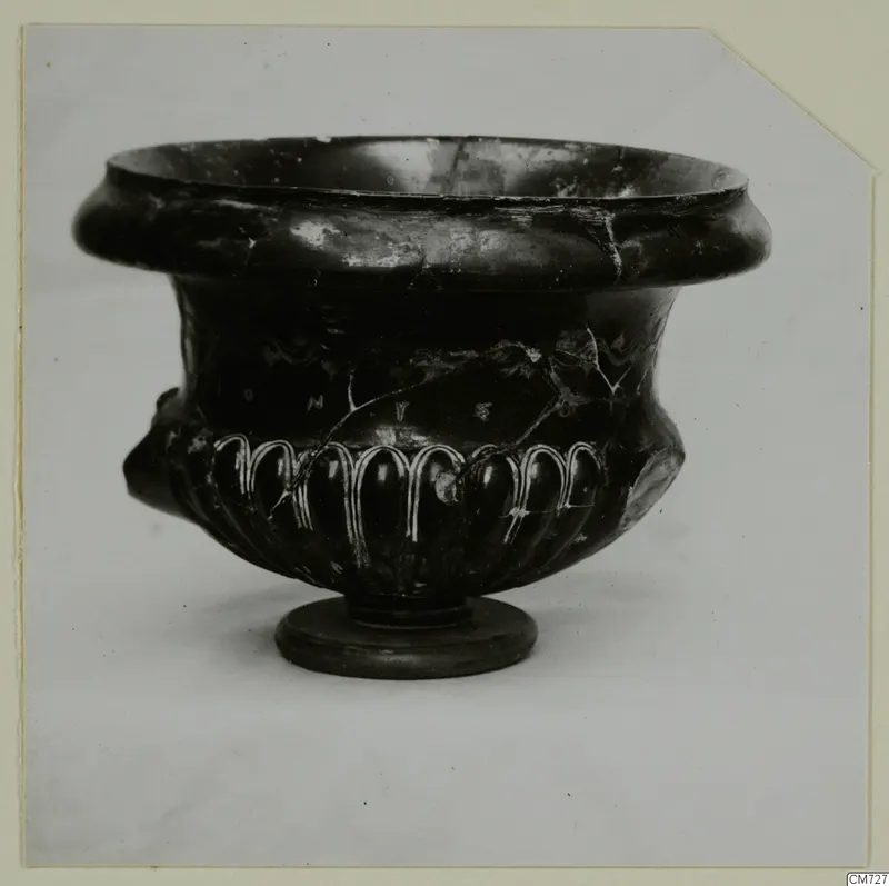 Black glazed bowl with a thick rim, lobed body with white-painted arches, and a ring foot.