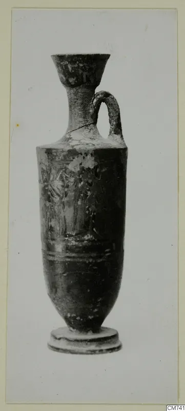 Single-handled pottery vessel with a flared mouth, a narrow neck and painted bands on the body
