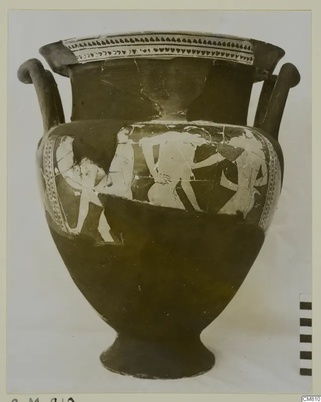 Two-handled pottery vessel with a band of painted figures around its body, photographed on a plain background