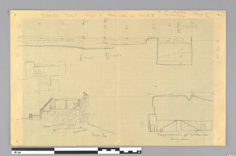 Field drawing of profile 4 at Nitovikla fort, north side of trench II, with a wall reconstruction and a stair elevation.