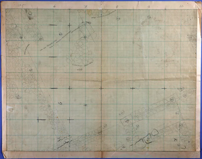 Field plan of Ayia Irini on squared paper, showing stone walls as outlines and numbered find points