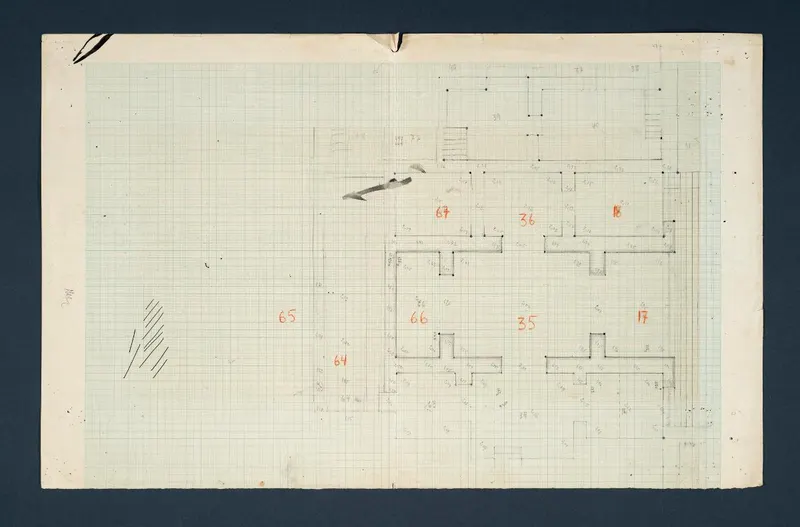 Plan of Vouni, one of eight parts, scale 1:100, drawn in pencil on squared paper with red room numbers.