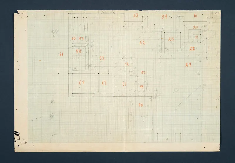 Plan of Vouni, one of eight parts, scale 1:100, showing rooms outlined in pencil on squared graph paper