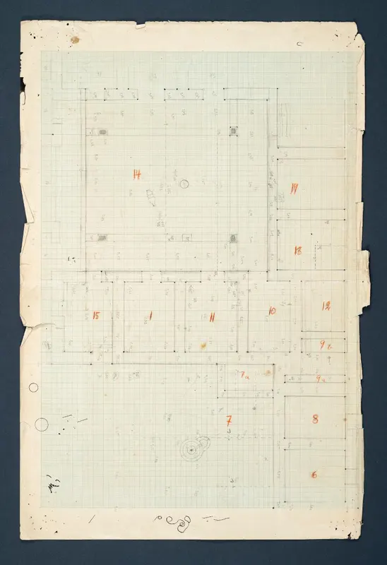 Plan of Vouni, one of eight parts, drawn in pencil on squared paper with red room numbers