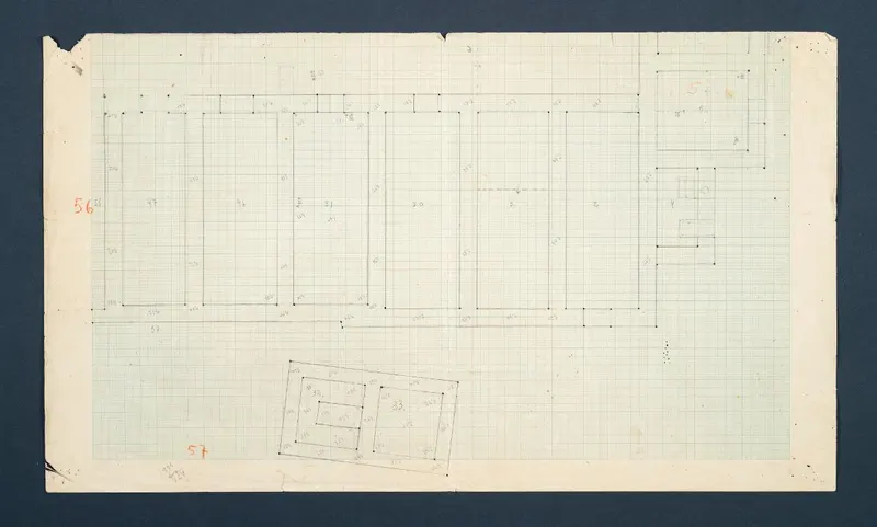 Plan of Vouni, one of eight parts, drawn in pencil on graph paper at scale 1:100