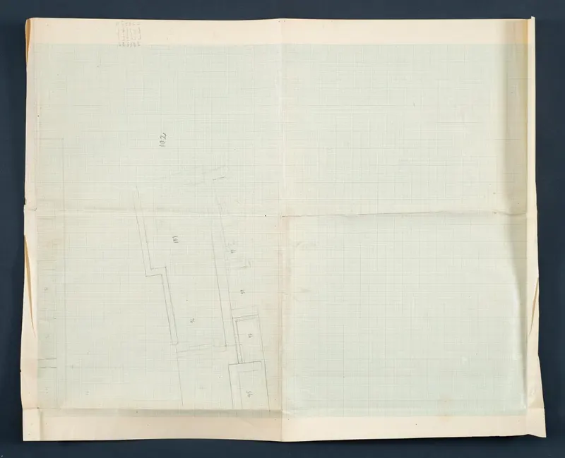 Plan of Vouni in pencil on squared grid paper, showing wall lines of several rooms with room numbers