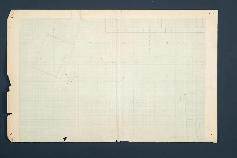 Plan of part of Vouni on squared graph paper, with pencilled wall lines and room numbers