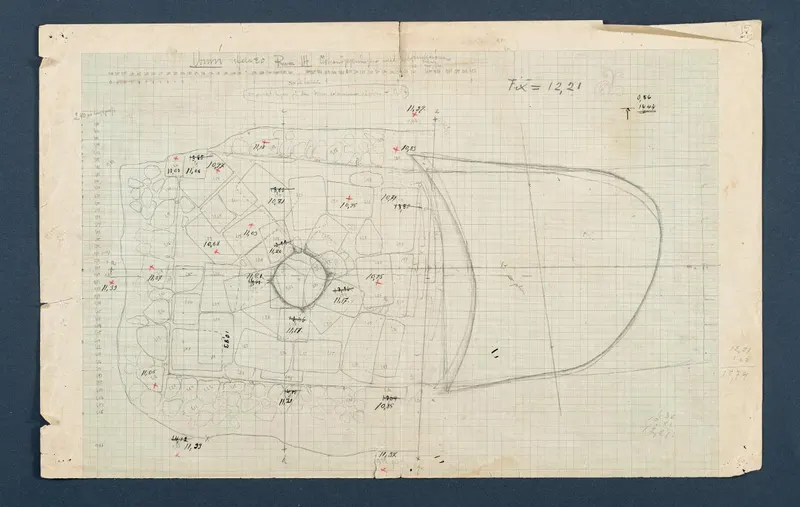 Field plan of the cistern opening at Vouni, drawn in pencil on squared paper with levels marked in red and black.