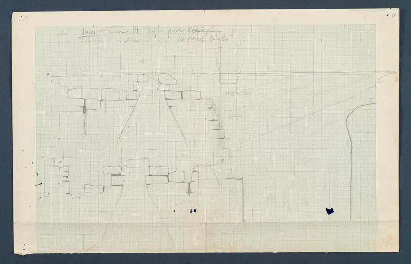 Field drawing of profiles of stone blocks and a curved edge at Vouni, Room 47 (formerly Room 14), in pencil on graph paper.