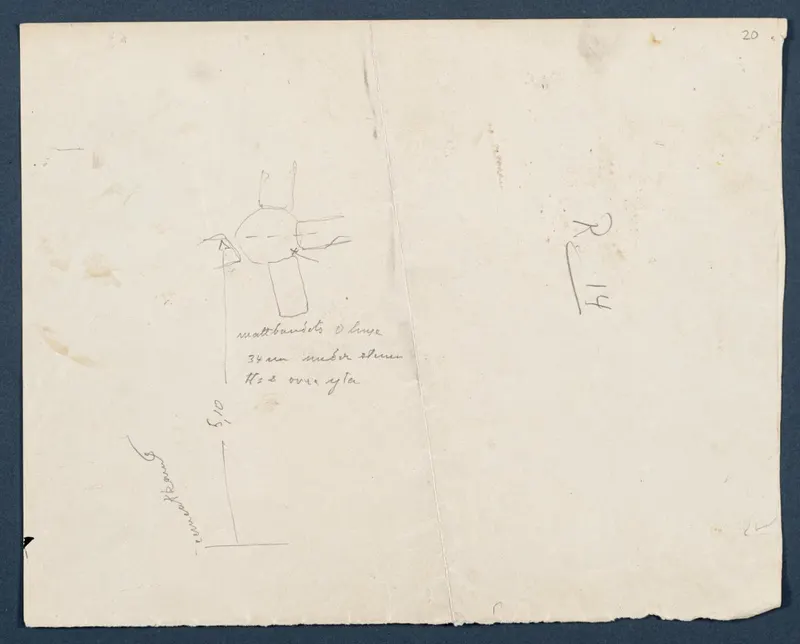 Field drawing of a rounded object with a rectangular base and handwritten notes, Room 47 at Vouni
