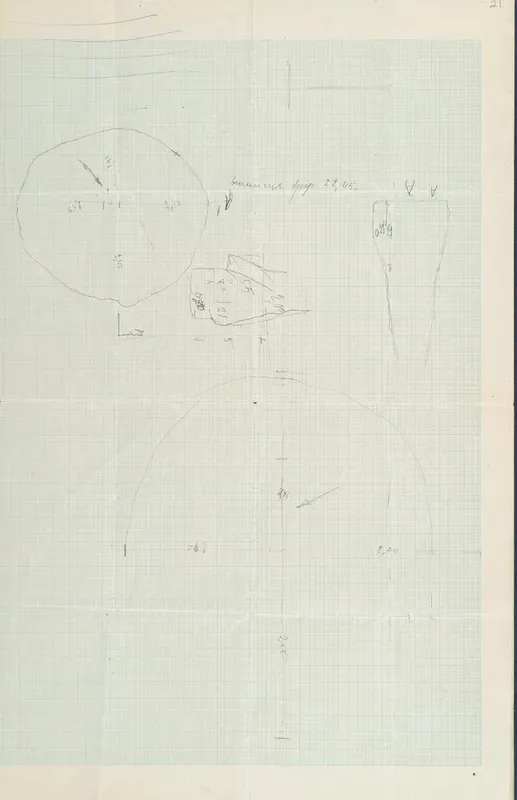 Field drawing of a well at Vouni: circular plan, sections and measurements in pencil on graph paper.
