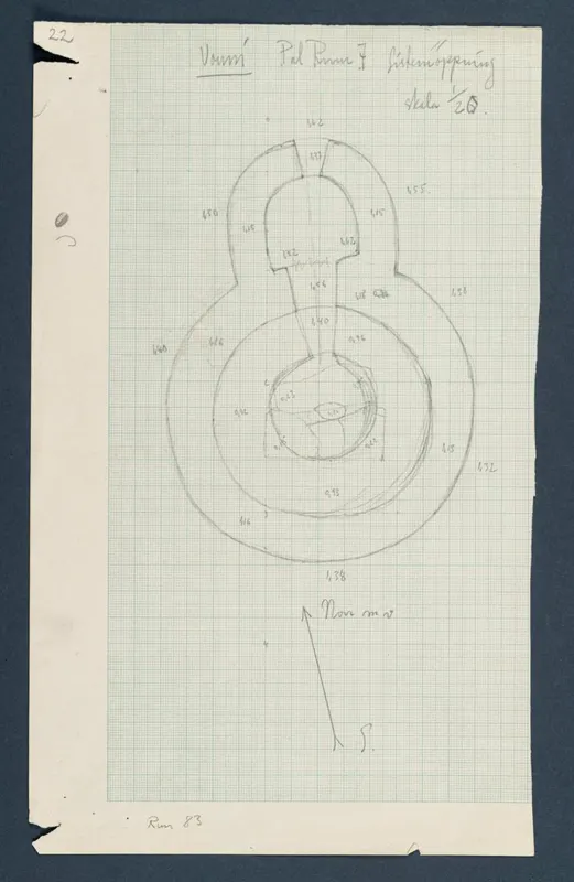 Field drawing of the cistern opening at Vouni, Room 7, in pencil on squared paper