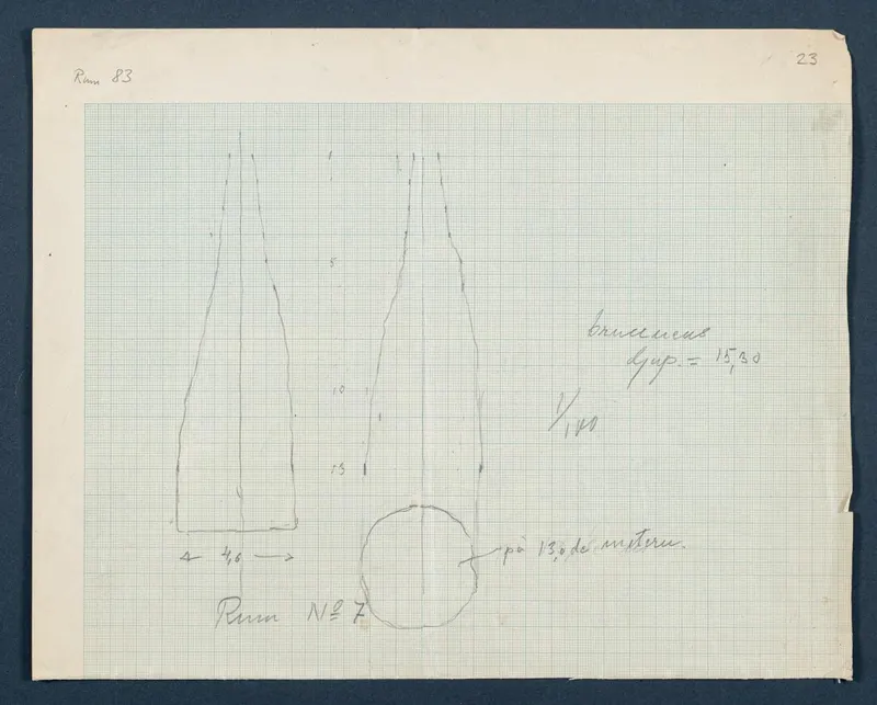 Field drawing of the well in room 7 at Vouni, showing two tapering shaft outlines and a circular plan in pencil on grid paper.