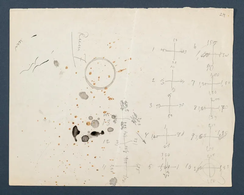 Field drawing of Room 7 at Vouni, with handwritten measurements, cross-shaped sketches and a drawn circle