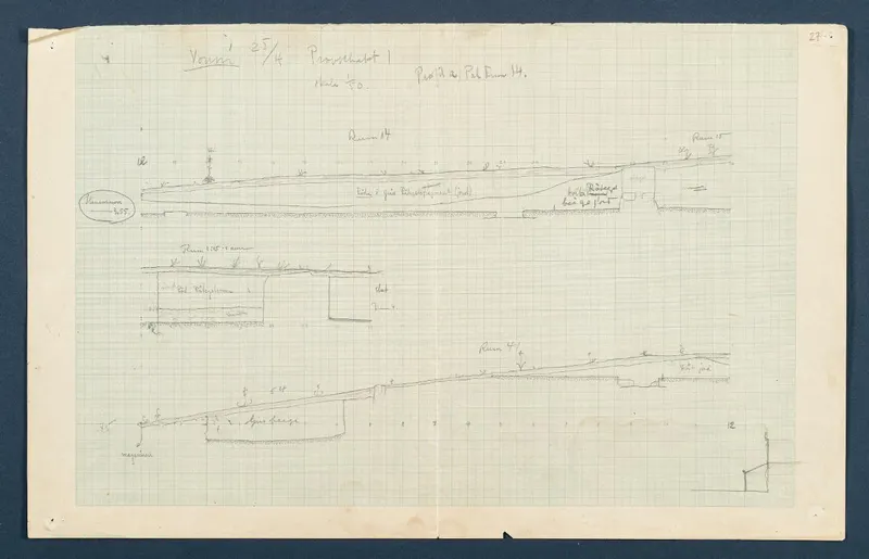 Field drawing of a profile of test trench 1 at Vouni, scale 1:50, pencil on squared paper.