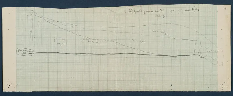 Longitudinal profile drawing of Room 10 (formerly Room 71) at Vouni, in pencil on squared graph paper