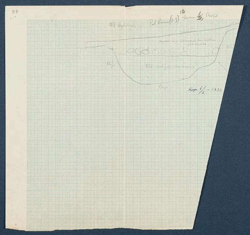 Field drawing of a profile section of Room 12 at Vouni, with a curved cut, layers and handwritten notes