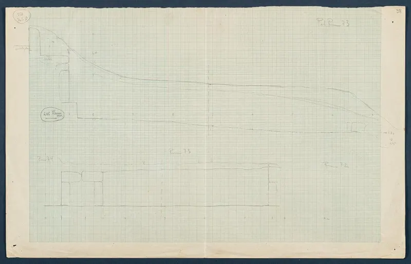 Field drawing of a profile of Room 12 (formerly Room 73) at Vouni, in pencil on squared paper.