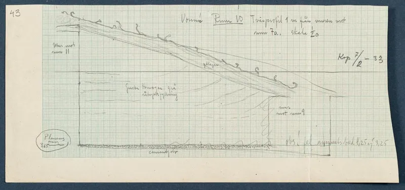 Field drawing of a profile section in Room 42 (formerly Room 10) at Vouni, scale 1:20, in pencil on graph paper