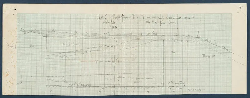 Field drawing of a profile section through Room 44 (formerly Room 11) at Vouni, drawn in pencil on squared paper.