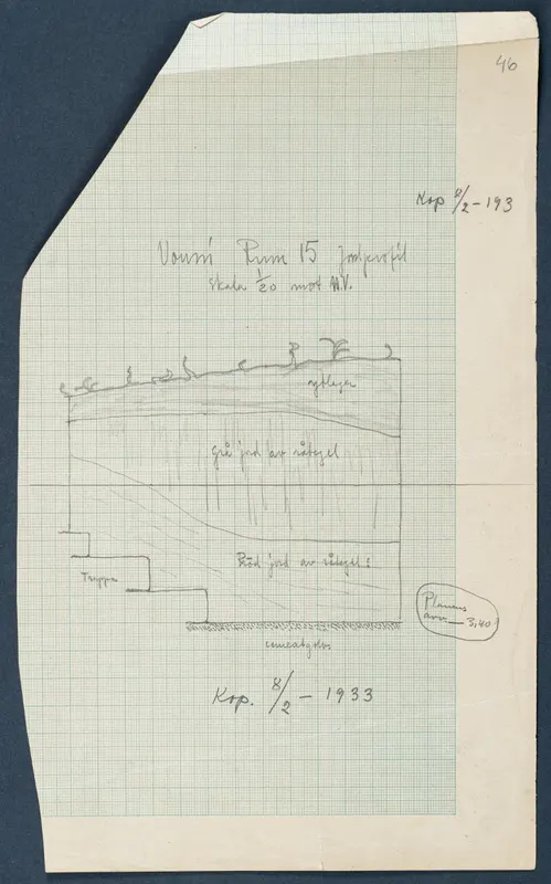 Field drawing of a profile section through Room 46 (formerly Room 15) at Vouni, scale 1:20, in pencil.