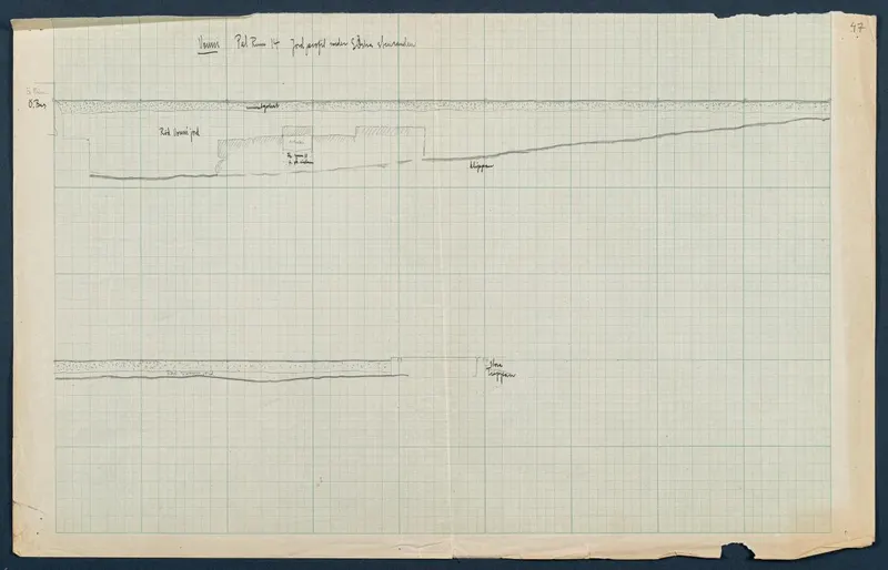 Field drawing of a soil section under the south-east stone edge in Room 47 at Vouni, in pencil on squared paper