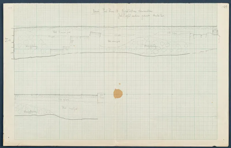 Field drawing of a soil section under the floor of Room 47 at Vouni, scale 1:20, showing layers and stones.
