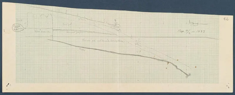 Field drawing of a profile of Rooms 5487-89 at Vouni, drawn in pencil on squared paper