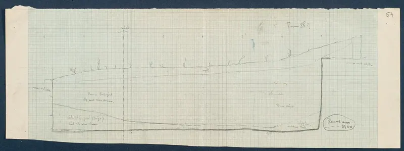 Field drawing of Room 89 at Vouni: pencil profile on squared paper, with handwritten notes.