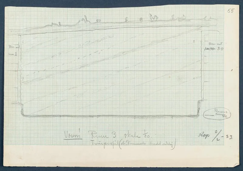Field drawing of a profile section of Room 93 (formerly Room 3) at Vouni, drawn in pencil on squared paper