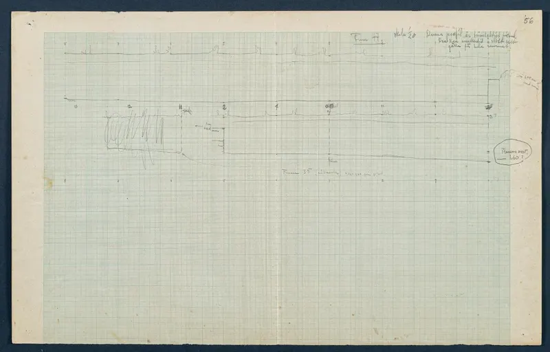 Field drawing of a profile of Room 97 at Vouni, scale 1:20, in pencil on squared grid paper.