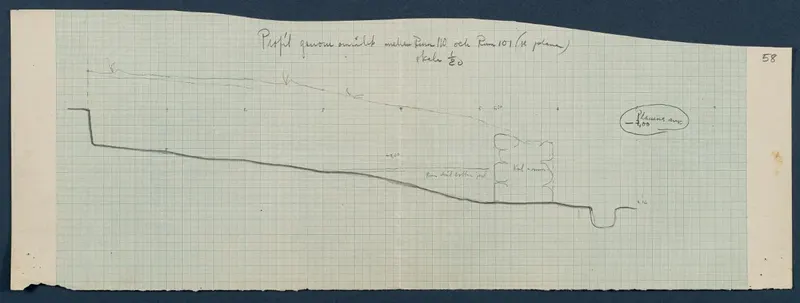 Field drawing of a profile through the entrance to Room 124 at Vouni, pencil on squared grid paper
