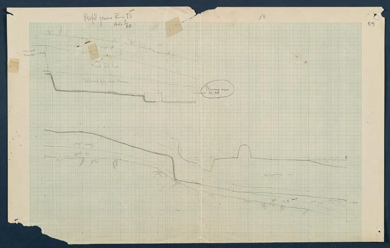 Field drawing of a profile section through Room 126 (formerly Room 95) at Vouni, in pencil on squared paper.