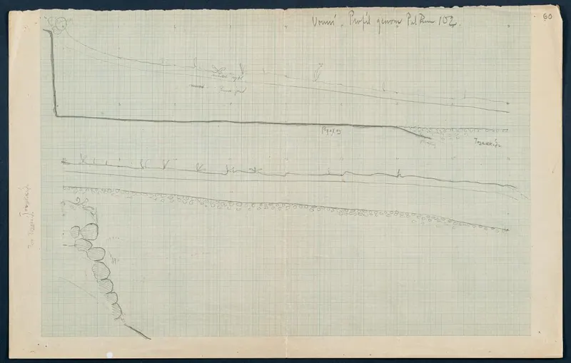 Field drawing of a profile through Room 130 a-b (formerly Room 102) at Vouni, showing layers and stones