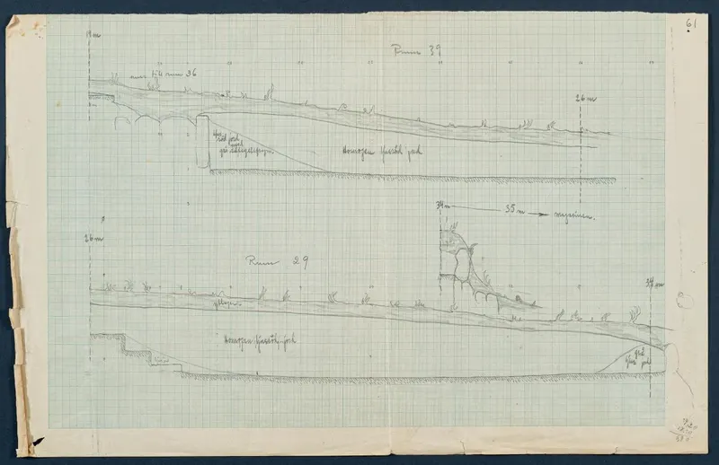 Field drawing of profiles through several rooms at Vouni, pencil on squared grid paper with metre heights marked.