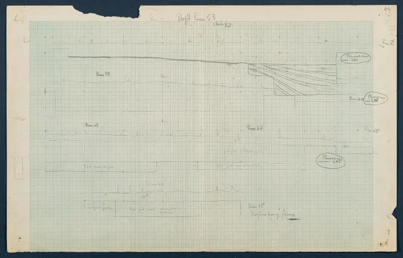 Field drawing of profiles through Rooms 53 to 66 at Vouni, pencilled on squared graph paper