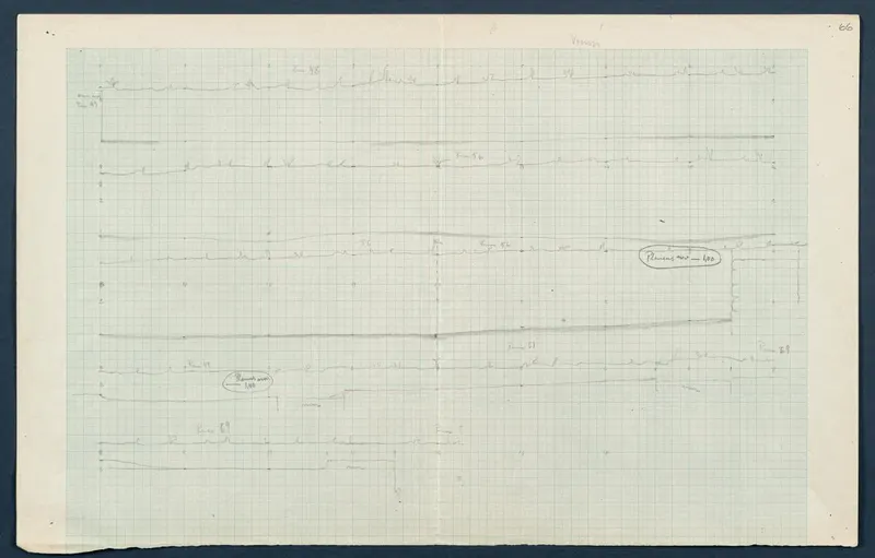 Field drawing of profiles through several rooms at Vouni, pencil lines on squared grid paper