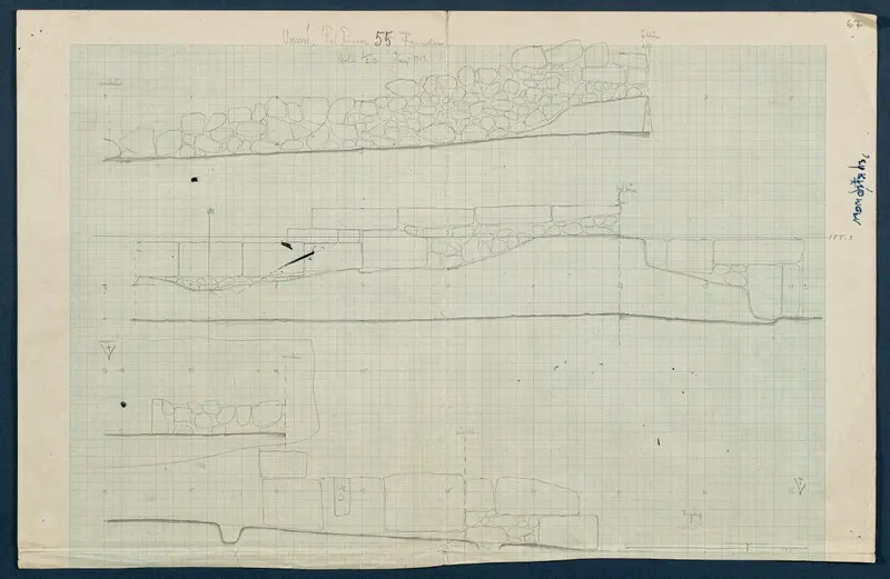 Elevation drawing of stone walls in Room 16 (formerly Room 55) at Vouni, in pencil on squared grid paper.