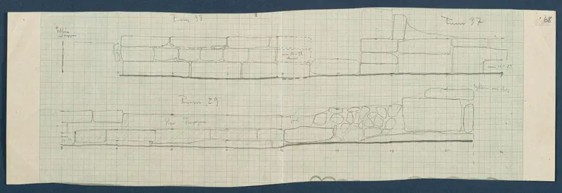 Field drawing of wall facades of Rooms 19, 30 and 31 at Vouni, formerly Rooms 29, 37 and 38