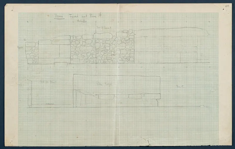 Field drawing of the facade of Room 47 at Vouni, a pencil elevation of stone walls on graph paper