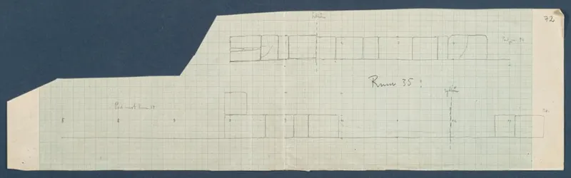 Field drawing of the facade of Room 52 (formerly Room 35) at Vouni, pencil on squared graph paper.