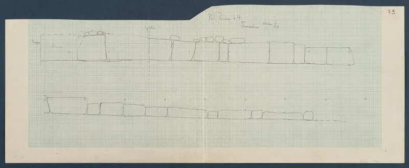 Field drawing of the facade of Room 57 at Vouni, showing rows of rectangular wall blocks in pencil on grid paper.