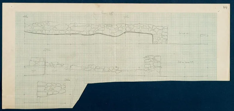 Field drawing of the facade of Room 58 at Vouni, pencil outlines of stone walls on squared paper