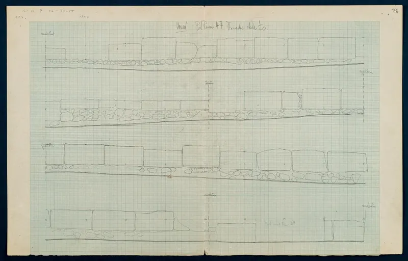 Field drawing of the facade of Room 97 at Vouni, showing courses of masonry blocks above rubble footings