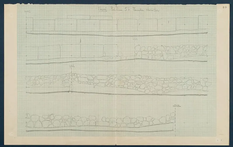 Field drawing of the facade of Room 98 at Vouni, pencil elevation on graph paper