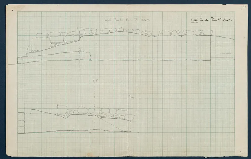 Field drawing of the facade of Room 129 (formerly Room 99) at Vouni, drawn in pencil on squared paper