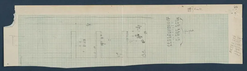 Field drawing of Rooms 10-12 at Vouni, a plan with find markings on squared paper.