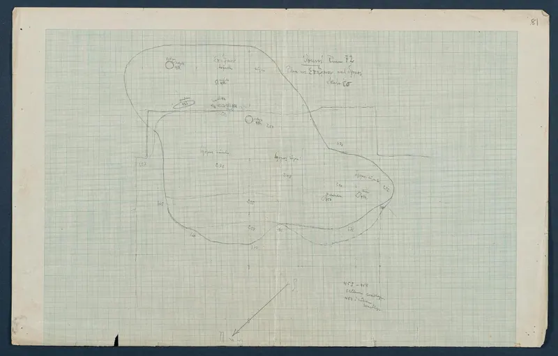 Field drawing of Room 72 at Vouni: pencil plan on graph paper with finds marked and a north arrow