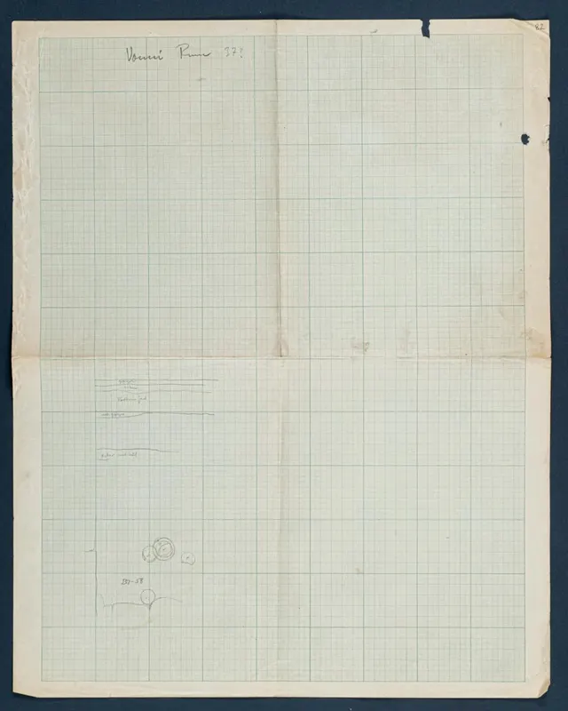 Field drawing on squared paper of Vouni Room 37, with pencil profile sketches and find numbers in the lower left